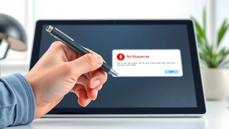 alt_text: Frustrated user with Surface Pen and screen showing error message, in a modern workspace.
