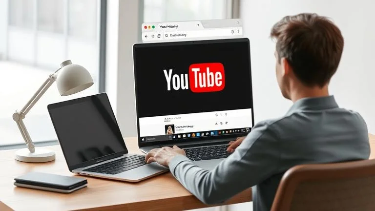A person managing YouTube history on a laptop, emphasizing privacy and digital control.