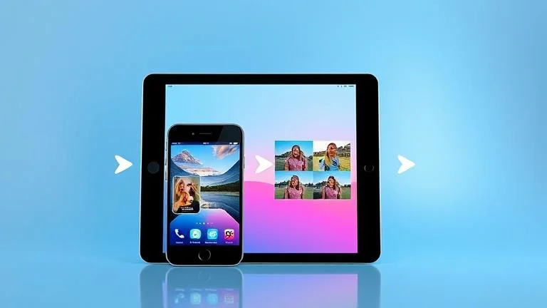 alt_text: iPhone and iPad displaying photo galleries with transfer arrows, icons, and vibrant colors.