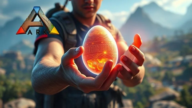 alt_text: Player duplicates a glowing item in Ark with glitchy effects in a lush landscape.