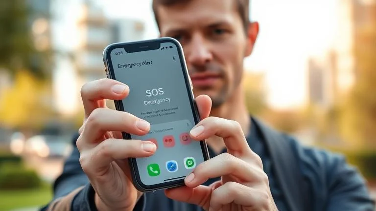 alt_text: Person using iPhone to send an emergency alert outdoors with city background.