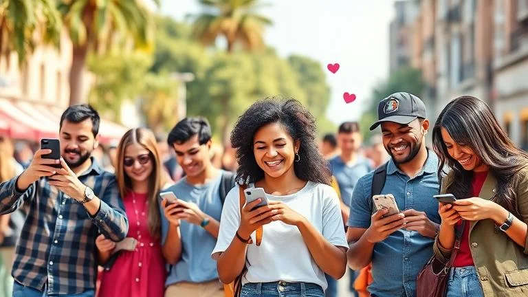 alt_text: Diverse people share on smartphones outdoors; upbeat scene boosts local Instagram followers.