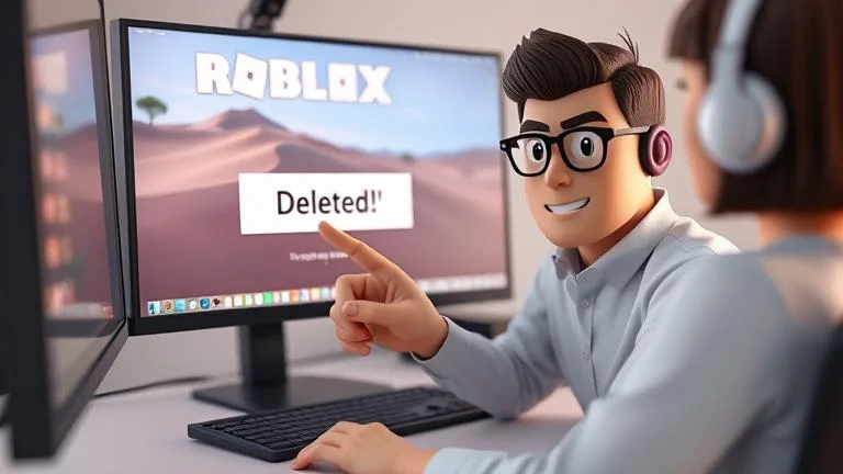 alt_text: Person deleting a Roblox game on their device with a modern workspace and Roblox logo.