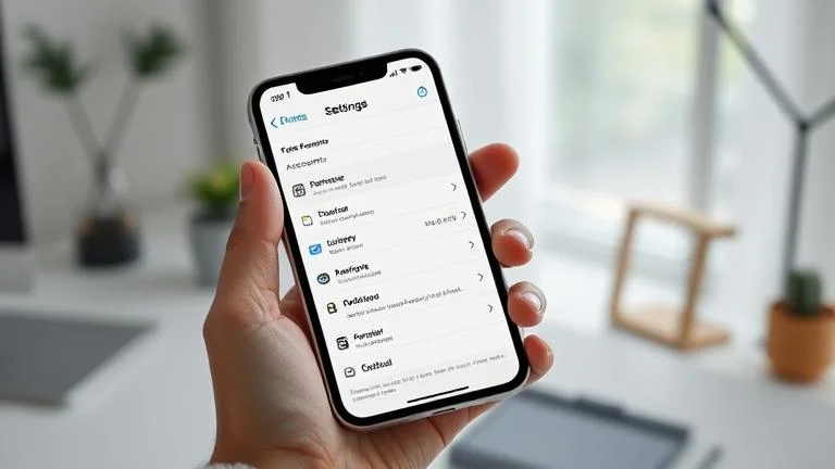 alt_text: Person holding iPhone open to Mail settings in a modern, cozy workspace.