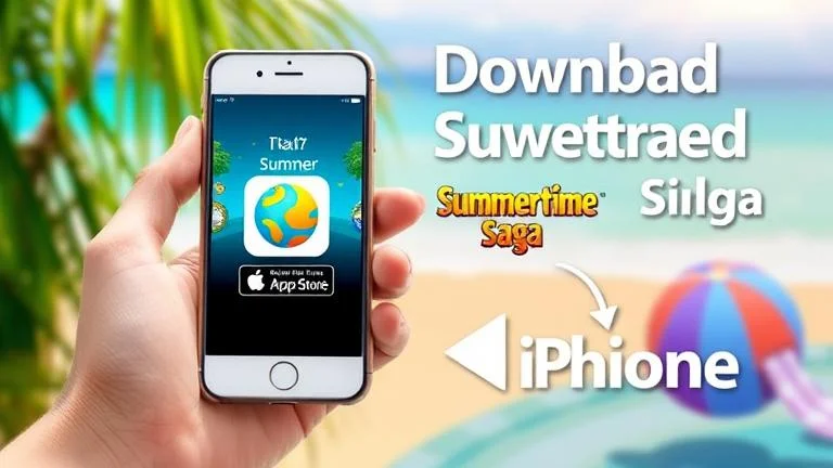 alt_text: iPhone with Summertime Saga icon against summer background, showing download steps.