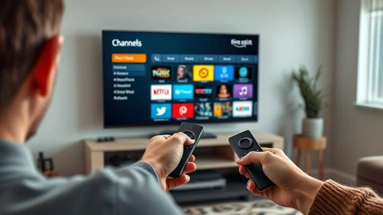 alt_text: Person using remote to delete a channel on Amazon Fire Stick menu in a modern living room.