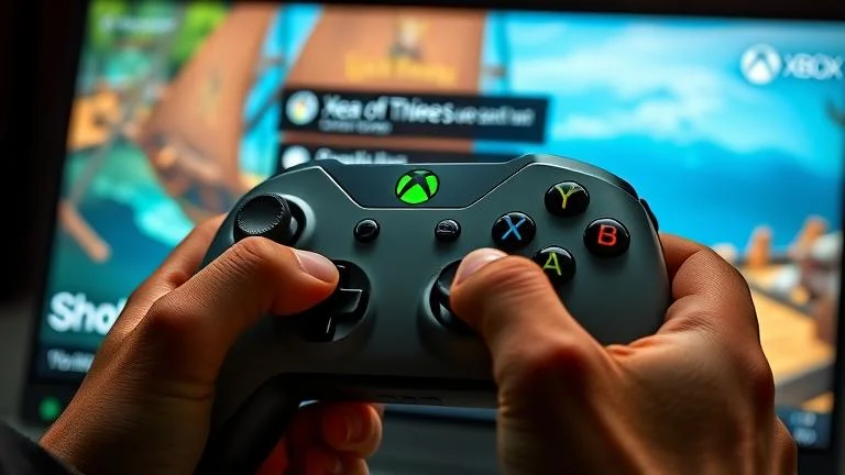 alt_text: Xbox controller in hands with Sea of Thieves chat visible, highlighting gaming communication.