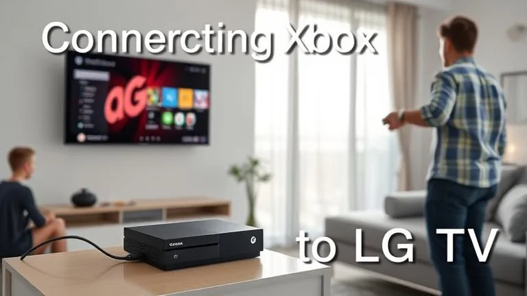 alt_text: A user connects an Xbox to LG TV with HDMI, showing setup in a bright, modern living room.
