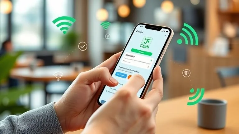 alt_text: Person using smartphone for JazzCash, with network icons around in a modern setting.