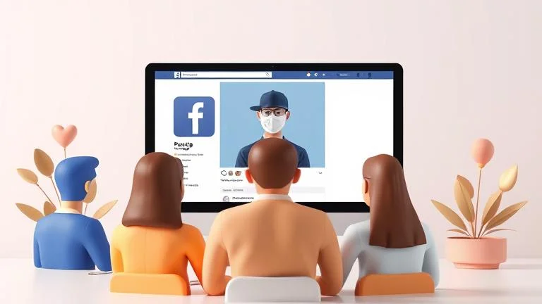 alt_text: Diverse group chatting anonymously on Facebook, with masks, shield, and digital backdrop.