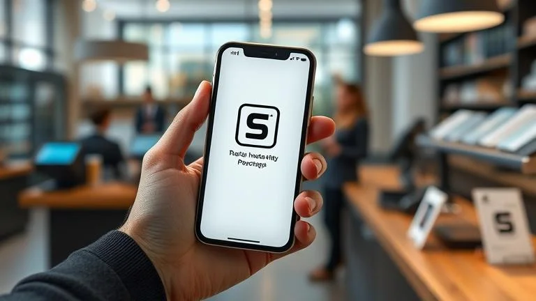 alt_text: Person using Square app on smartphone in retail/cafe setting with payment tools.