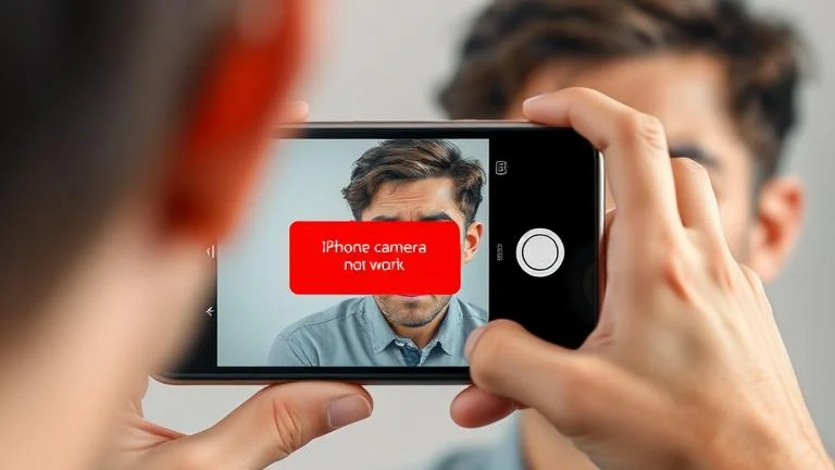 alt_text: Frustrated person with iPhone camera error, worried expression, blurry lens, neutral background.