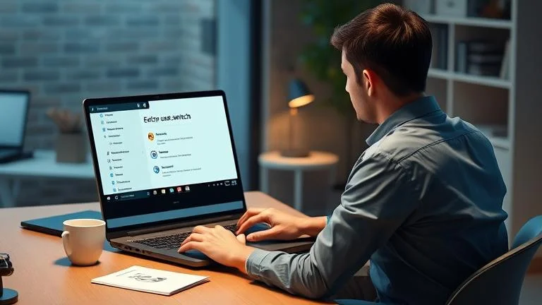 alt_text: Person using a Lenovo laptop to switch users, in a modern, professional workspace.