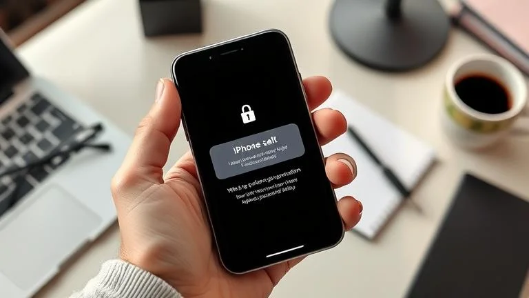 alt_text: Person holding iPhone with lock screen, modern setting, hints of troubleshooting.