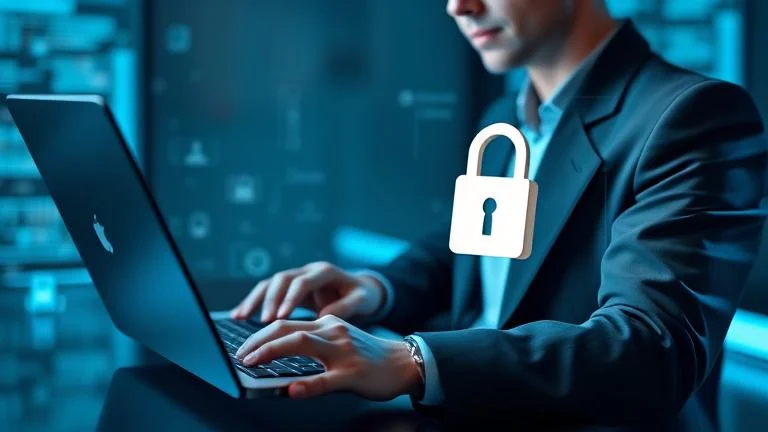 alt_text: Person managing security settings on device with padlock icon and toggles in a modern design.