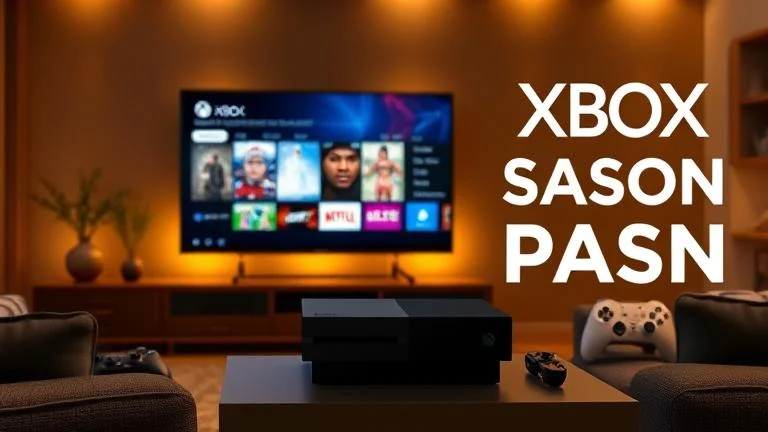 alt_text: Xbox console and TV with seasonal shows, remote, controllers in cozy living room.