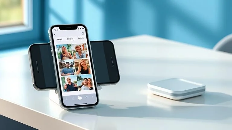 alt_text: Realistic scene of a smartphone with printed 2x2 photos on a stylish table.