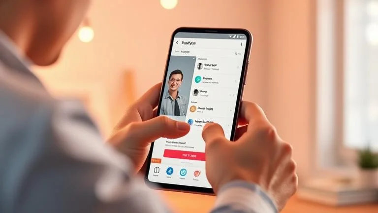 alt_text: Person updates profile picture on social media in a warm, modern setting.