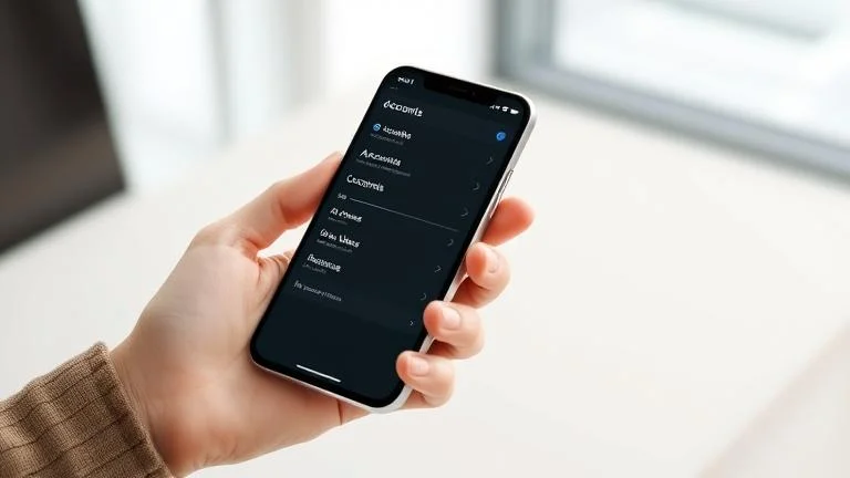 alt_text: Person holding smartphone with settings open, showing account management options.