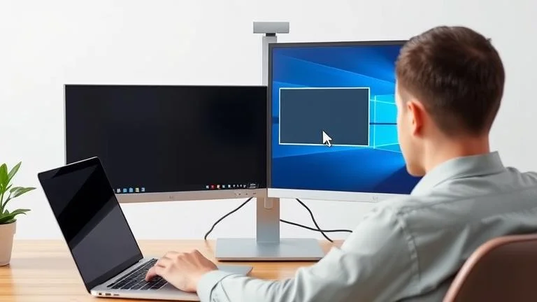 alt_text: Person capturing a screenshot of one monitor in a modern multi-monitor setup.