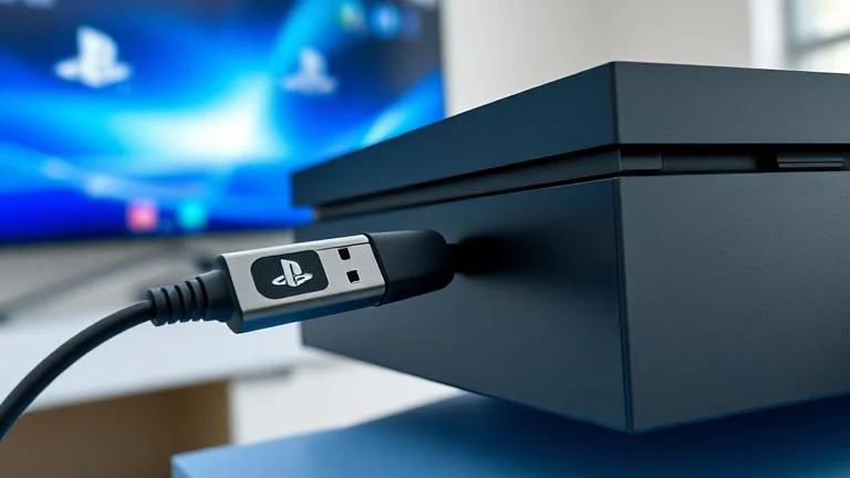 alt_text: USB drive plugged into PS4 on a gaming setup, highlighting data storage and transfer.