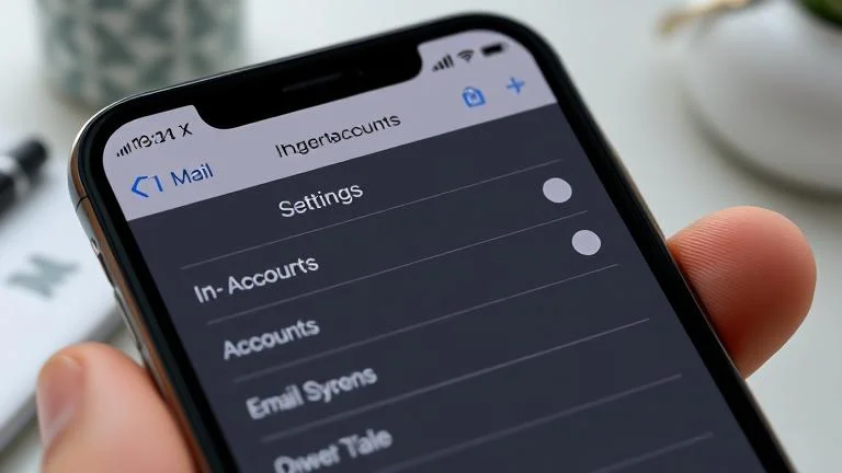 alt_text: iPhone XS screen open to Mail settings, depicting account management in a professional workspace.