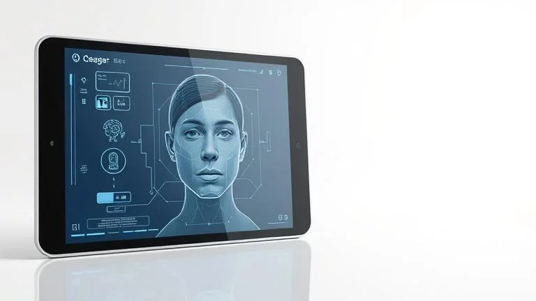 alt_text: Close-up of a sleek device with facial recognition overlays showing face detection technology.