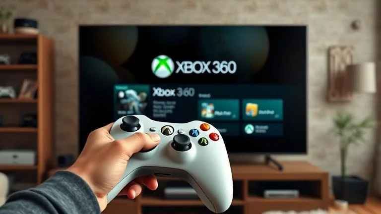 alt_text: Person holding an Xbox 360 controller in a cozy setup, navigating profile creation on TV.
