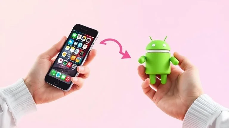 alt_text: Person transfer photos from iPhone to Android with arrows and icons on vibrant background.