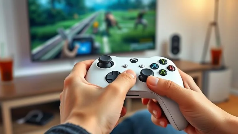 alt_text: Person with Xbox controller and AirPods Pro connected wirelessly in gaming setup.