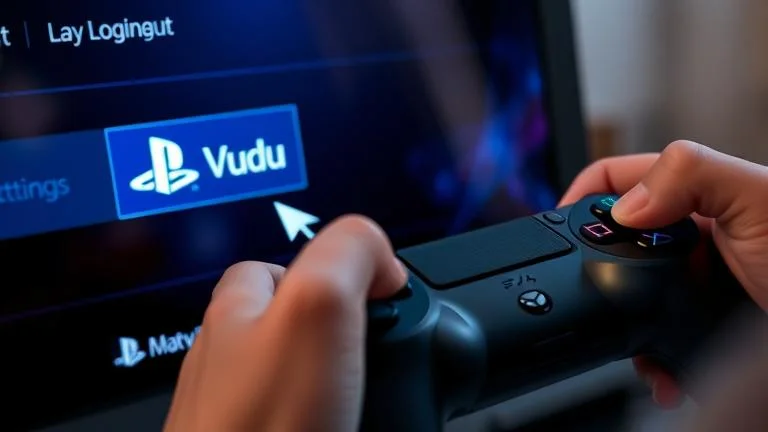 alt_text: PS4 menu shows Vudu logout; user navigates settings on controller in a sleek scene.