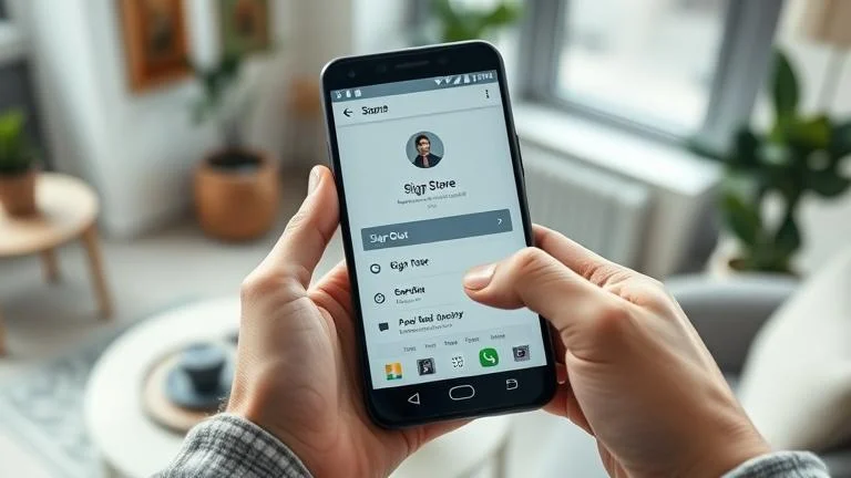 alt_text: Person ready to sign out of Google Play Store on Android in a cozy, well-lit setting.