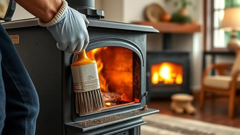 alt_text: Person cleaning soot from a wood stove in a cozy living room with tools and gloves.