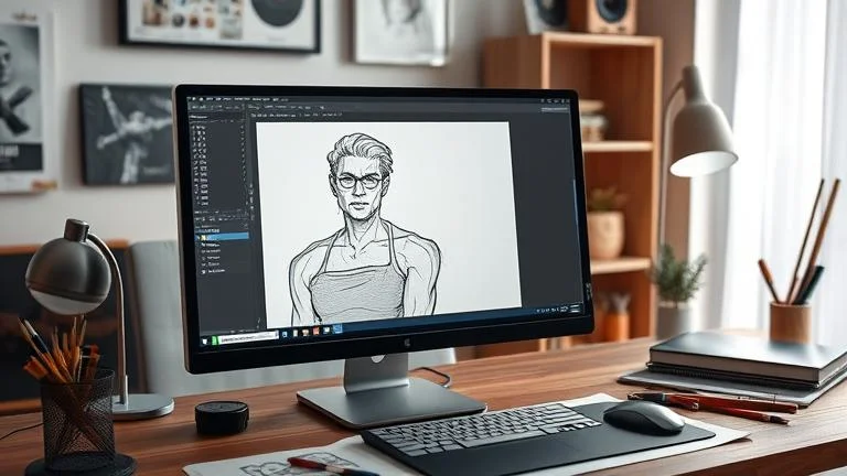 alt_text: Digital artist's workspace featuring Photoshop with a sketch in progress on-screen.