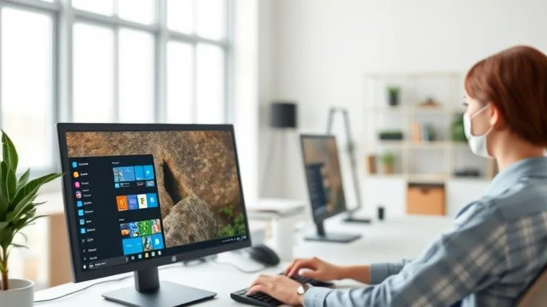 alt_text: Windows 10 desktop with top taskbar, Open apps, workspace scene, showing taskbar customization.
