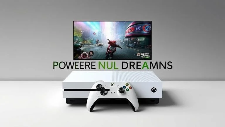 alt_text: Xbox console with vibrant game scene and "Power Your Dreams" banner, sleek and modern.